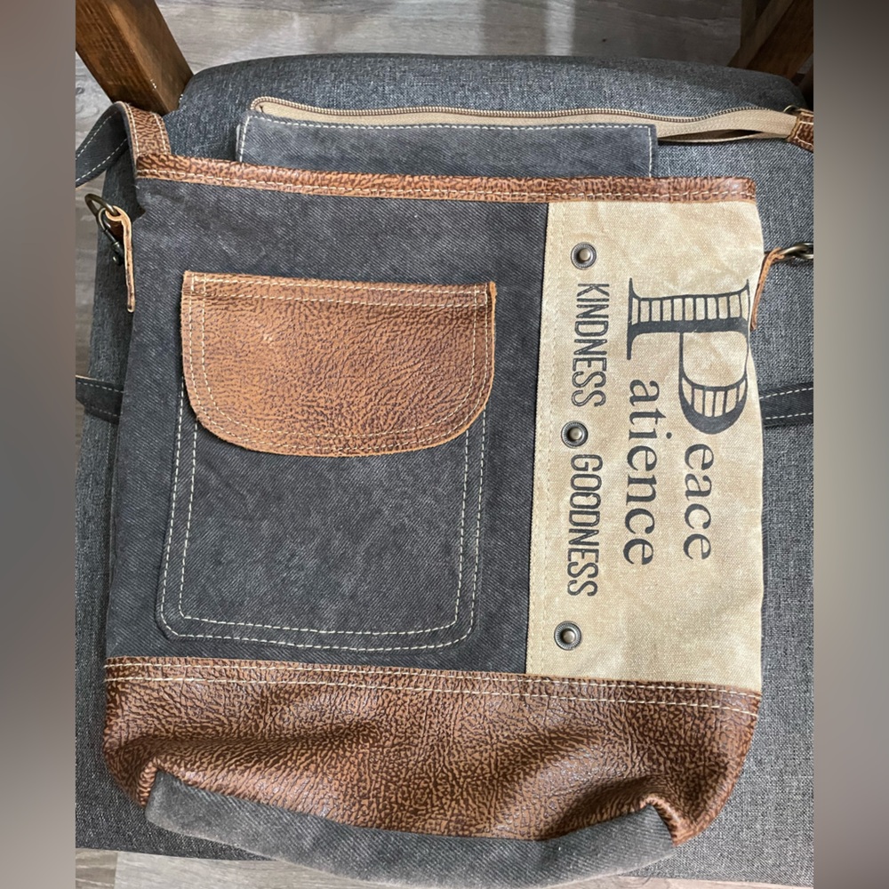 Myra Vintage-Inspired “Peace Pocket” Messenger Bag in Brown and Tan
